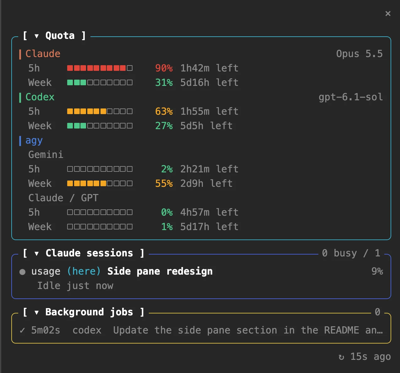 Claude Code side pane showing quotas, conversations, and background jobs